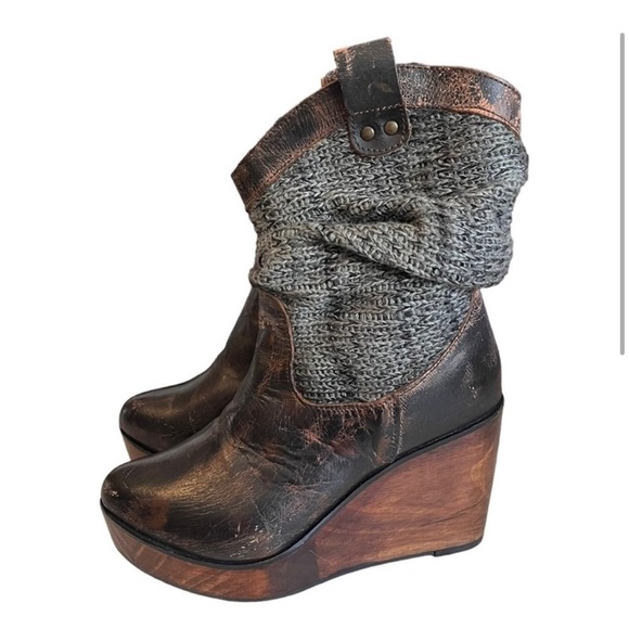 BED STU Bruges Distressed Leather Wooden Wedge Heel Boots Women’s 7.5 Knit Upper - Picture 3 of 11